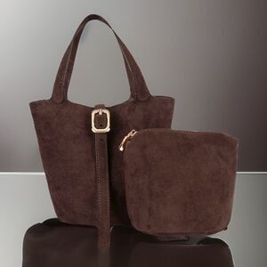 Remi & Reid Minimalist Joya Mini Vegan Suede Bucket Bag Chocolate